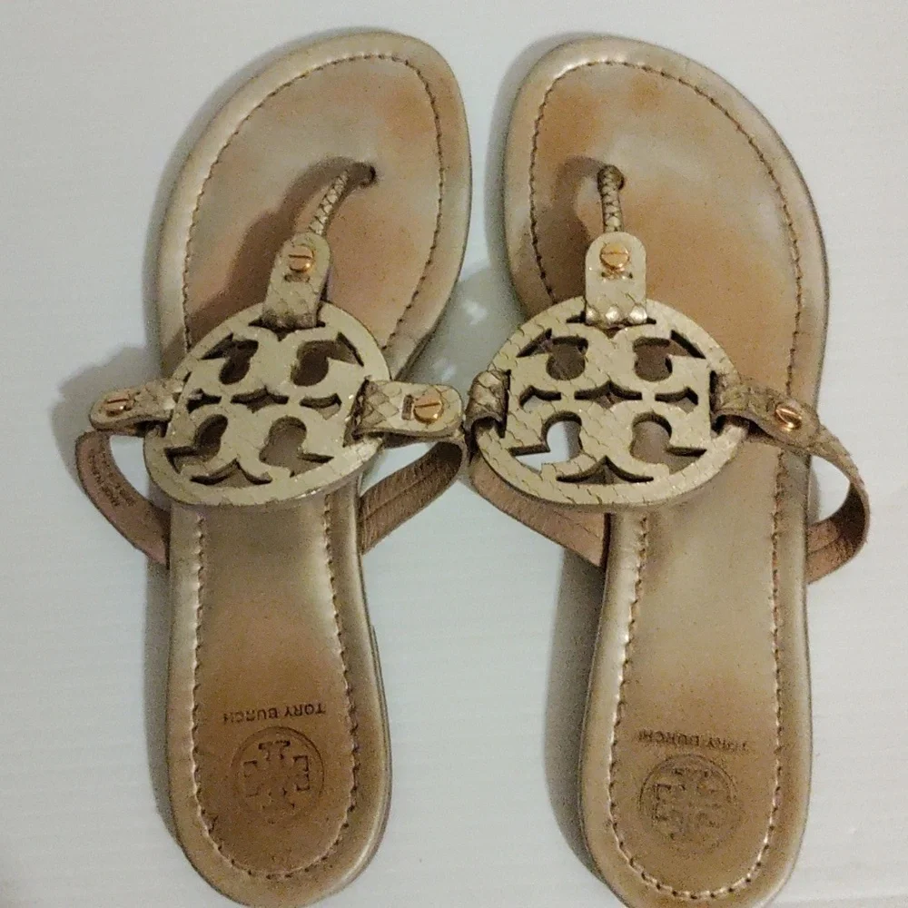 Tory Burch Metallic Gold Tumbled Miller Sandals Size 10